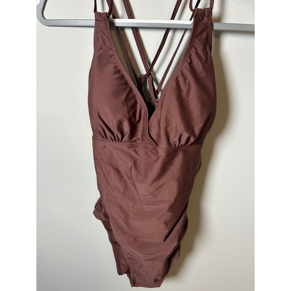 Chocolate Brown Ruched One Piece Swimsuit V-Neck Strappy Back XL